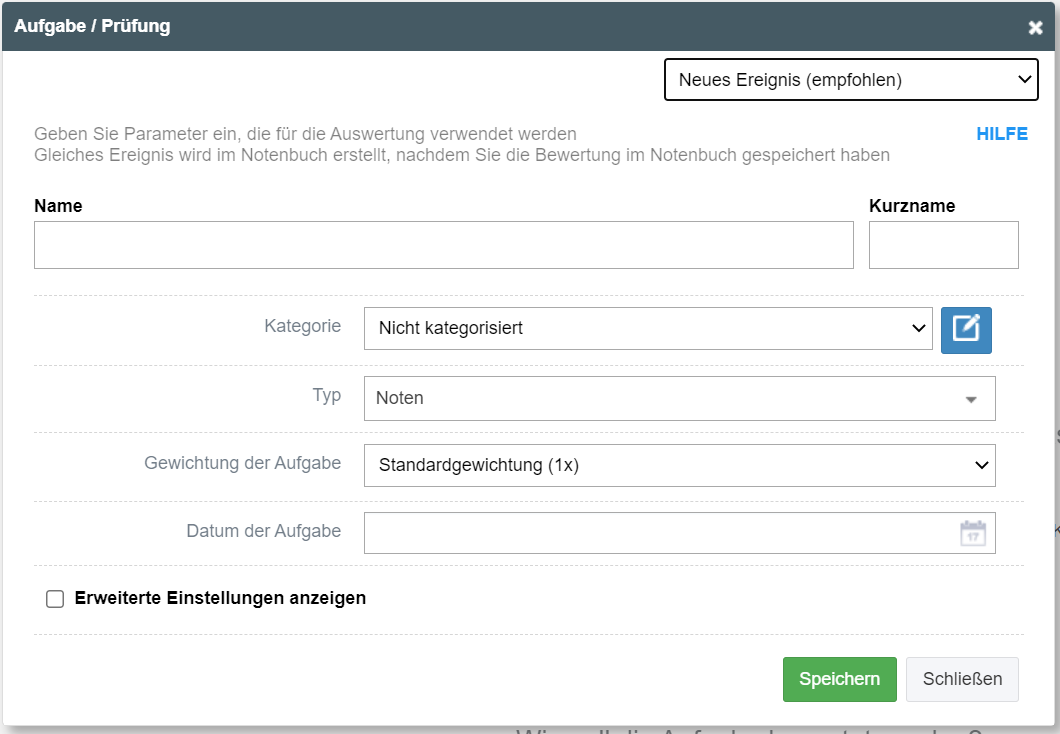 Ereignis Einstellungen
